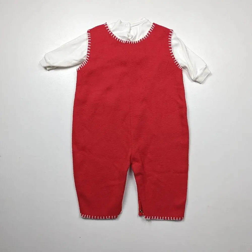 Vintage Mullin Square Outfit Girls Size 18m Red Fleece Holly Christmas